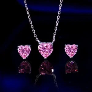 RENSINO Fashion 925 Sterling Silver Necklace Earrings Zirconia Pink Heart Jewelry Set for Women Everyday Wear Valentine’s Day Gift