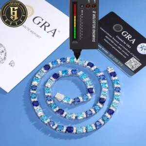 RENSINO Fashion 925 Sterling Silver Vvs Moissanite 6mm Princess Cut Blue CZ Diamond Tennis Chain Necklace Summer Blue Color Jewelry