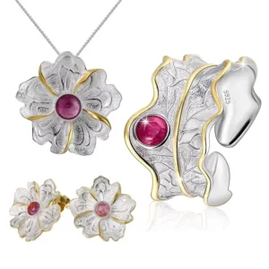 RENSINO Fashion 925 Sterling Silver with 18k Gold Plating Natural Stone Flower Leaf Earring Ring Necklace Jewelry Set for Women