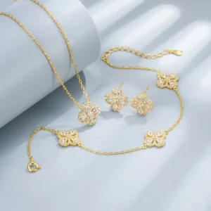 RENSINO Fashion Accessories S925 Silver Gold-plated Pear-shaped Four-leaf Clover Jewelry Set Luxury Hollow Flower Necklace Earring Set