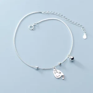RENSINO Fashion Boxes Chain Anklet 925 Sterling Silver Delicate Small Cat Bell Charm Anklet for Women Fine Jewelry Accessories