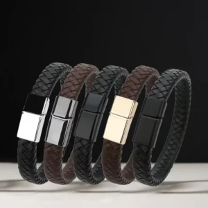 RENSINO Fashion Bracelet Free Engraving Leather Man Magnetic Buckle Bangle with Metal Buckle Woven Leather Rope