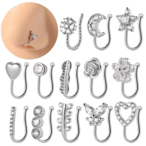 RENSINO Fashion Brass Zircon Flower Star Nose Cuff Studs Plum Heart Moon Ear Clips Fake Piercing Women Girls