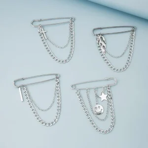 RENSINO Fashion Brooches Silver Color Alloy and Star Butterfly and Fire Shape Cuban Link Chain Brooch Pin Punk Style Brooch