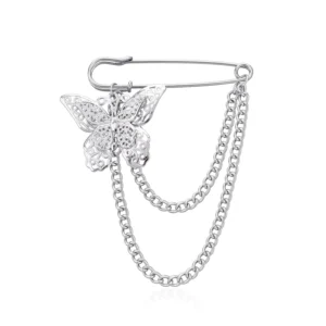 RENSINO Fashion Brooches Silver Color Butterfly Flower Heart Pendant Brooch with Long Chain Metal Cutout Pins Coat Accessories