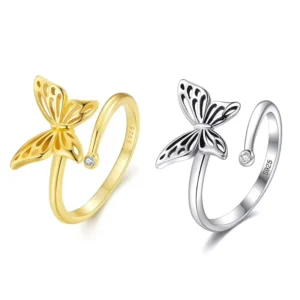RENSINO Fashion Butterfly Ring 925 Sterling Silver Cubic Zirconia 18k Gold Plated Adjustable Women Ring Jewelry