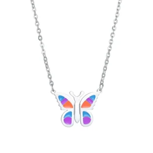 RENSINO Fashion Charm Stainless Steel Rainbow Color Sweater Chain Girls Enamel Animals Butterfly Pendant Necklace for Women