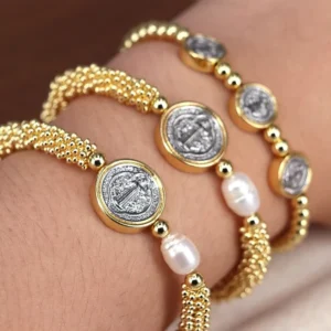 RENSINO Fashion Christian Jesus Cross Charms Beaded Bracelets 18k Gold Silver Plated Copper Beads Jewelry Bracelets Set for Women
