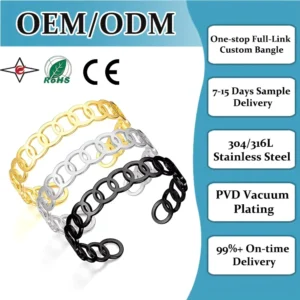 RENSINO Fashion Chunky Couple Gold Black Stainless Steel Hollow Geometric Chain shaped Anti Fading Hypoallergenic Bracelet Cuff Bangle