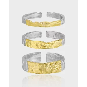 RENSINO Fashion Classic 925 Sterling Silver Ring Irregular Texture Gold with Silver Ring for Women Simple Ring Jewelry