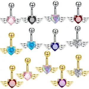 RENSINO Fashion Colorful Crystal Angel Wings Navel Piercing Zircon Heart Barbell Belly Button Ring