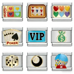 RENSINO Fashion Colorful Glaze Dice Poker Dollar Charms Italian Links 9mm Platinum Plated Unisex Stainless Steel DIY Making Bracelets