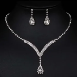 RENSINO Fashion Complete Artificial Bridal V Water Drop Rhinestone Necklace Earrings Jewelry Sets for Women and Girls New
