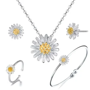 RENSINO Fashion Cute Flower Silver Jewelry Set Pendant Ring Bracelet 925 Sterling Women Daisy Earrings Necklace Girls Jewelry Sets