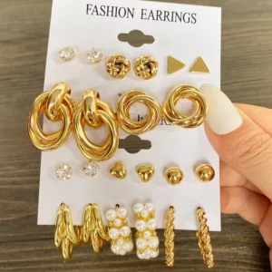 RENSINO Fashion Dangle Pearl Earrings Set Gold Plated Screw Twisted Alloy Smooth Chunky Hoop Earrings for Women