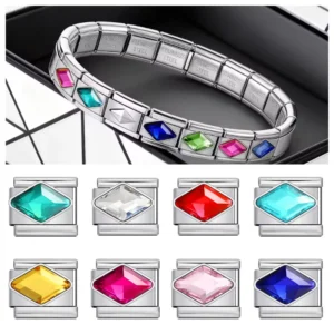 RENSINO Fashion Design Colorful Rhombus Rhinestone Charm Link Fit 9mm Stainless Steel Jewelry Making Italian Bracelet DIY Beads Gifts