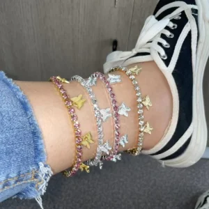 RENSINO Fashion Design Hip Hop Charm Feet Jewelry 4mm Tennis Iced Out Butterfly Anklet