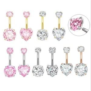 RENSINO Fashion Double Circular Peach Hearts Zircon Silver Plated Belly Ring Stainless Steel Body Piercing Navel Rings Wedding