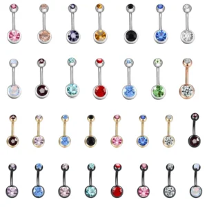 RENSINO Fashion Double Diamond Stainless Steel Belly Button Stud for Women Pierced Belly Button Ring Color Button Jewelry