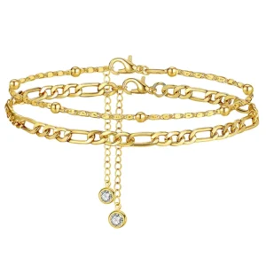 RENSINO Fashion Double Layers Anklet Figaro and Bead Chain 2pcs Gold Silver Color Anklet Set with Zircon for Woman
