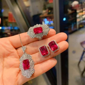 RENSINO Fashion Eco-friendly Copper 8*12mm Red Zircon Creative Necklace and Ear Rings Set Fashion Jewelry Sets for Women Waterproof