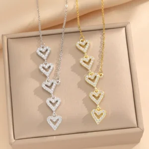 RENSINO Fashion Elegant Stainless Steel Pendant Necklace Five Hearts Zircon Jewelry Gold Silver Designer Jewelry Supplier