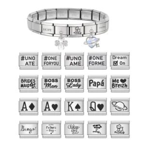 RENSINO Fashion English Word Pattern Laser Engraving Italian Charm Bracelet Link 9mm Stainless Steel Bracelet DIY Jewelry Gift