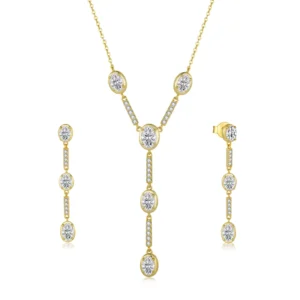 RENSINO Fashion Exquisite 18K Plated 925 Silver Zircon Y Shaped Long Tassel Charm Necklace Earrings Jewelry Set Best Gift For Her