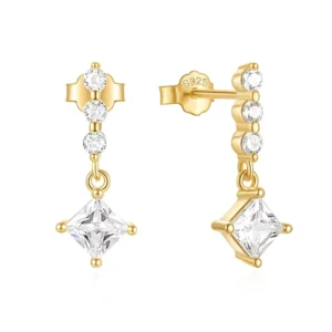 RENSINO Fashion Exquisite Ins S925 Sterling Silver Zircon Earrings Gifts for Women Square Link Chain Stud Earrings