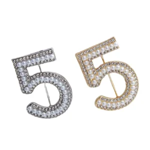RENSINO Fashion Famous Luxury Pearl Rhinestone Clothing Scarf Brooches Number 5 Designer Brooch Pins for Women