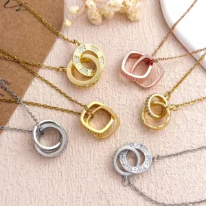 RENSINO Fashion Fine Double Ring Full Zircon Necklace Copper Real Gold Plating Bamboo Chains Accessories for Women Set