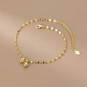 RENSINO Fashion Fine Jewelry 925 Sterling Silver Minimalist Lip Shape Chain Double Round Beads Bells Balls Gold Plated Anklets Women