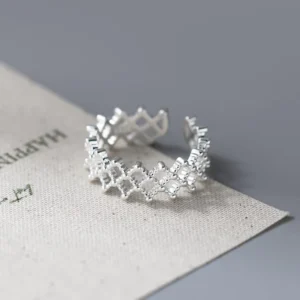 RENSINO Fashion Fine Jewelry 925 Sterling Silver White Sliver Plating Diamond Heart Lace Hollowed out Grid Open Ring