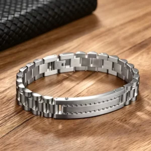 RENSINO Fashion Fine Men’s Bracelet Jewelry Customized ID Bar Bracelet Silver Stainless Steel Watch Strap Bracelet for Man