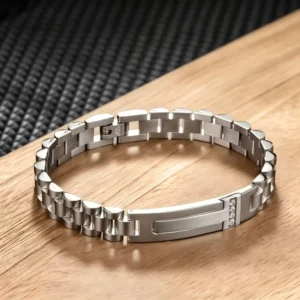 RENSINO Fashion Fine Men’s Watch Strap Bracelet Jewelry Customized ID Bar Bracelet Cubic Zirconia Stainless Steel Bracelet for Man