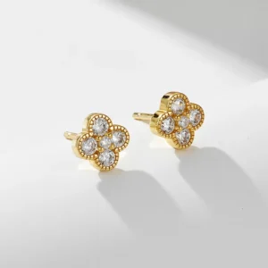 RENSINO Fashion Four Leaf Clover CZ 925 Sterling Silver Gold Plated Women Jewelry Stud Earrings