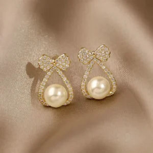 RENSINO Fashion Full Diamonds Bow Knot Pearl Stud Earrings for Women Jewelry 925 Silver Needle