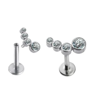 RENSINO Fashion G23 Titanium Body Piercing Internally Threaded Bezel Set 4 CZ Stone Cluster Top Labret