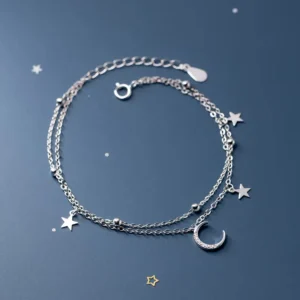 RENSINO Fashion Genuine 925 Sterling Silver Double Layer Beads Chain Moon Star Charm Bracelets for Women Wedding Valentine’s Day Jewelry