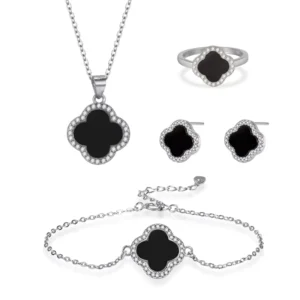 RENSINO Fashion Gold Plated Silver 4 Four Leaf Clover 5A Cubic Zirconia S925 Clover Bracelet Earring Necklace Jewelry Set for Women Gift