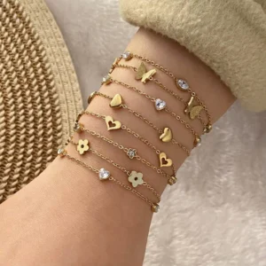 RENSINO Fashion Gold Plated Stainless Steel Jewelry Charm Bracelets Women Butterfly Love Heart Flower Zircon Girls Bracelet
