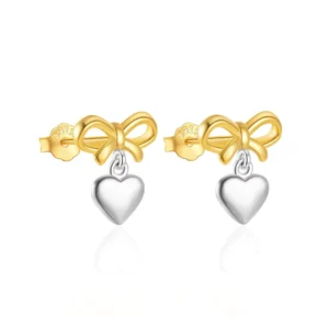 RENSINO Fashion Gold Plating 925 Sterling Silver Bowknot Heart Pendant Necklace Earrings Jewelry Set for Women