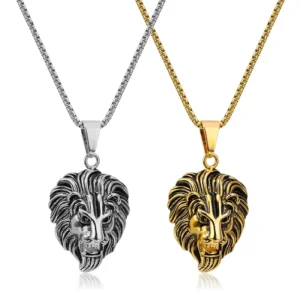 RENSINO Fashion Gothic Punk Style Men Jewelry Stainless Steel Wolf Tooth Lion Head Pendant Necklace