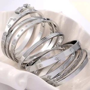RENSINO Fashion High-End Charm Zircon Plain Bracelet Silver Stainless Steel Jewelry Bracelet For Women