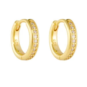 RENSINO Fashion High Polish 925 Sterling Silver Gold Plated Fine Classic Cz Huggie Hoops Earring