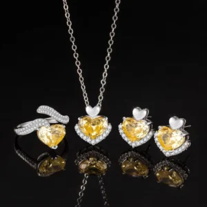 RENSINO Fashion High Quality Silver Plated Heart Shaped Pendant Necklace Earrings Ring Stainless Steel Zircon Jewelry Set for Women
