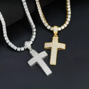 RENSINO Fashion Hip Hop 925 Sterling Silver Brilliant Cut VVS Moissanite Gold Plated Cross Charm Pendant Fine Jewelry Men Gift
