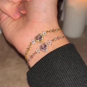 RENSINO Fashion Hot Selling Waterproof Non Tarnished Stainless Steel 18K Gold Plated ZIrcon Pink Heart Bracelet