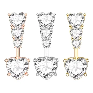 RENSINO Fashion Hypoallergenic 14G Heart CZ Belly Button Ring 4 Heart Stainless Steel Navel Piercing Jewelry