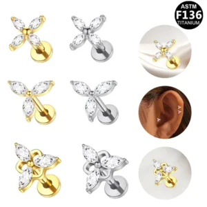 RENSINO Fashion Implant Grade F136 Threadless Titanium Piercing Body Jewelry Gold Titanium Butterfly Flat Back Earrings Titanio Labret